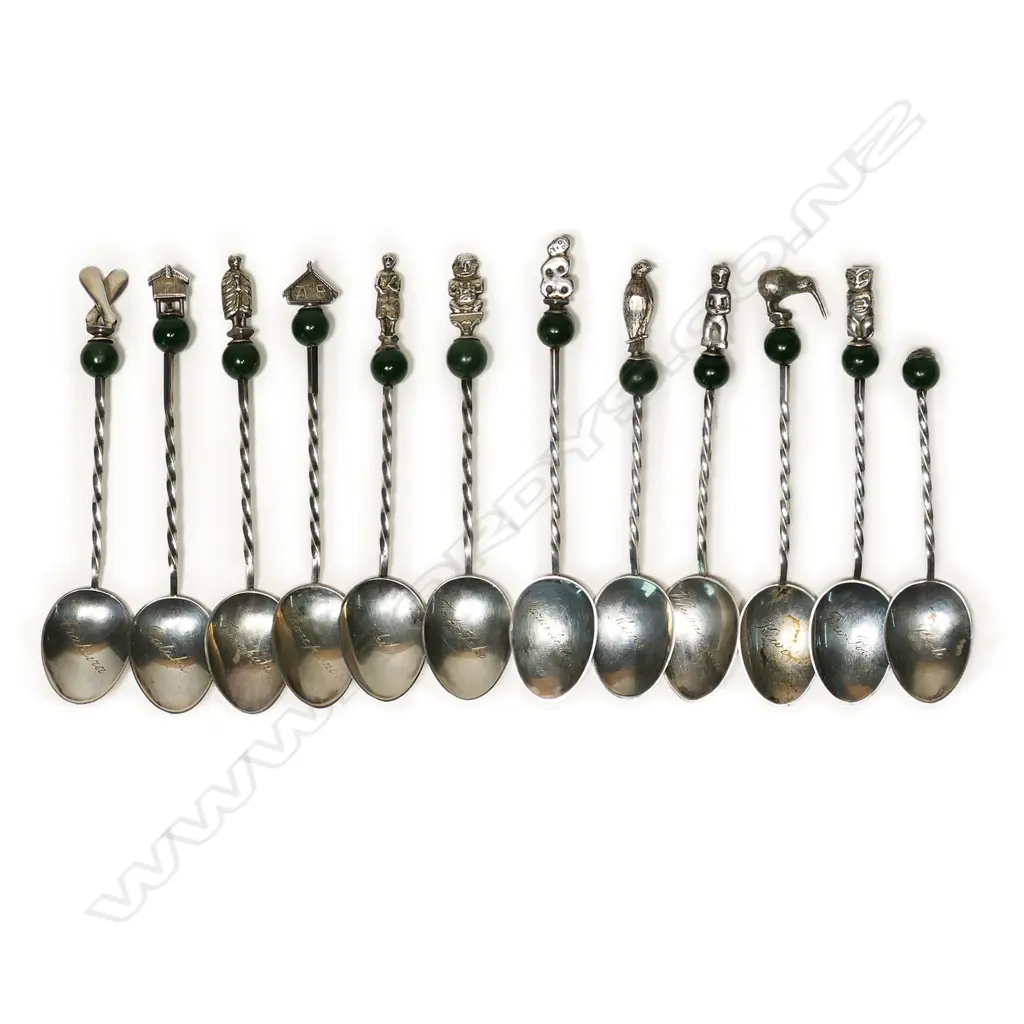 J F Ludwig (Napier) impressive set of 12 Maori themed greenstone & silver teaspoons, Image 1++